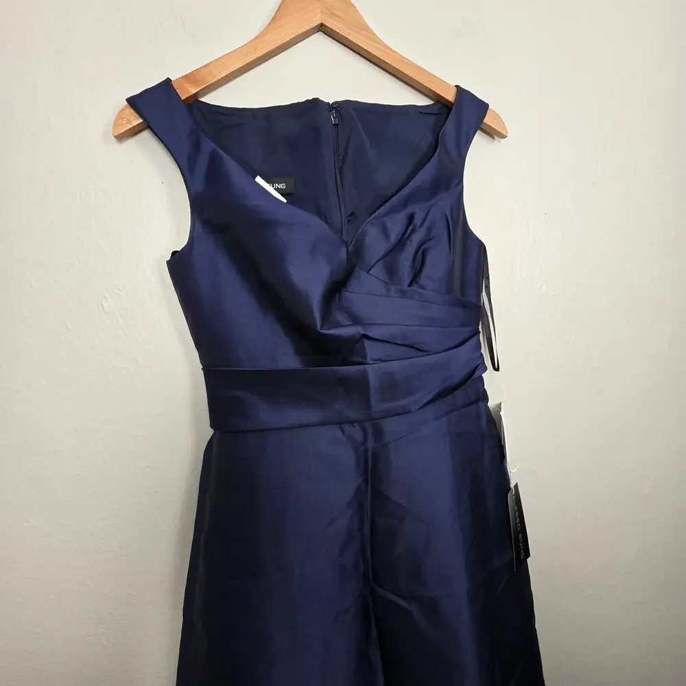 NWT Alfred Sung Off The Shoulder Draped Wrap Satin Maxi Dress Midnight Navy 4R - Picture 5 of 11